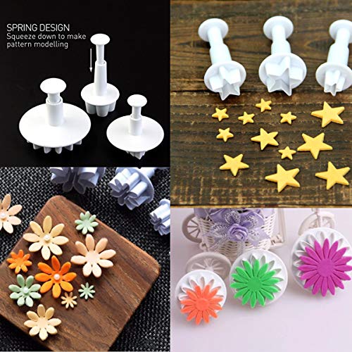 33 Pcs Cortador Fondant Expulsor, Cortadores de Pastel para Decorar, Cortador de Galletas con Flor Corazón Mariposa Estrella Forma de Copo de Nieve, Herramientas de Decoración de Pasteles Bricolaje