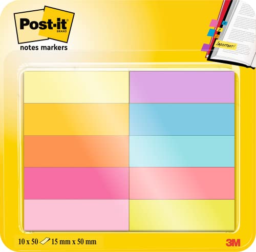 3M Post-It - Marcadores adhesivos para libros Pack 10 x 50 hojas – Notas adhesivas de papel de 15mm x 50 mm – color surtido