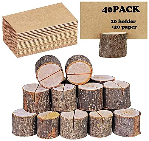 40 portatarjetas rústico de madera con soporte de madera para tarjetas de mesa, soporte para tarjetas de números, soporte para tarjetas de notas, para bodas (20 soportes + 20 lugares de papel kraft)