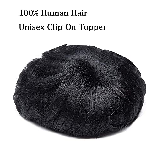 4"(10cm) Silk-co Prótesis Capilar Mujer y Hombre Pelo Natural Clip Toupee Rizado 35g 100% Cabello Humano Remy Hair Fina Mono Extensiones de Topper Encaje 16cm*19cm 150% Densidad #1 Negro Intenso