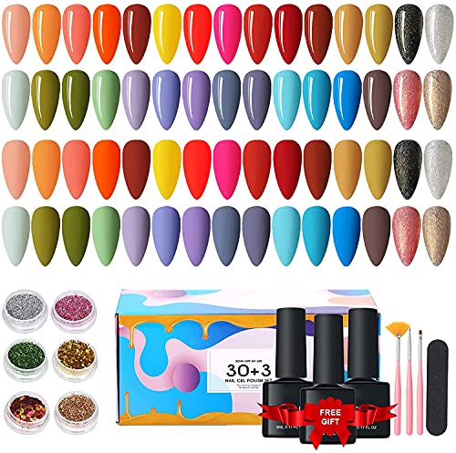 43 PCS Esmaltes Semipermanentes, 30 Colores Esmalte Semipermanente de Uñas en Gel UV LED con Base, Top Coat Brillante y Mate, 3 Cepillos, 6 Polvo de Brillo, Limas de Uñas, Esmaltes de Uñas Kit