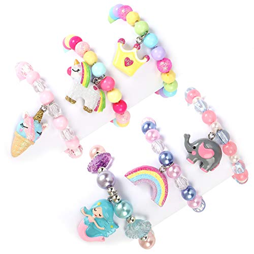 6 Piezas Pulseras Niña Colorido Cuentas Amistad Pulseras Niña Pulsera con Colgante Unicornio Sirena Arco Iris Joyería Niña Regalo de Cumpleaños de Fiesta