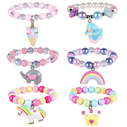 6 Piezas Pulseras Niña Colorido Cuentas Amistad Pulseras Niña Pulsera con Colgante Unicornio Sirena Arco Iris Joyería Niña Regalo de Cumpleaños de Fiesta