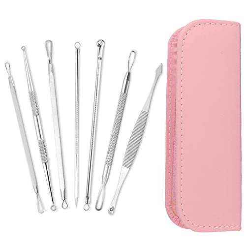 7 en 1 kit de herramientas extractor de espinillas para eliminar espinillas, tratamiento de herramientas para la eliminación de manchas de acné y espinillas y piel facial sin riesgos con (rosado)