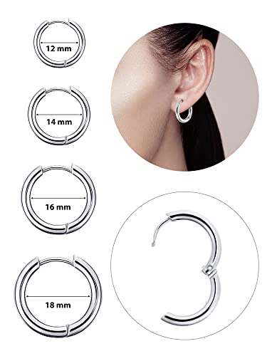 8 Pares de Pendientes de Aro de Cartílago Pendientes de Aro Pequeños de Acero Inoxidable Anillos de Labio Nariz para Mujeres Hombres (8 mm, 10 mm, 12 mm, 14 mm, Color Acero, Negro)