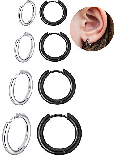 8 Pares de Pendientes de Aro de Cartílago Pendientes de Aro Pequeños de Acero Inoxidable Anillos de Labio Nariz para Mujeres Hombres (8 mm, 10 mm, 12 mm, 14 mm, Color Acero, Negro)