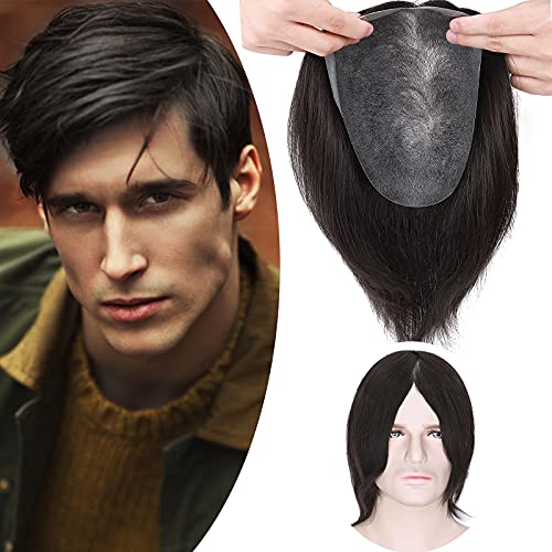 8"(20cm) SEGO Protesis Capilar Hombre Pelo Natural [Poliuretano(PU)] #1B Negro Natural Cabello Humano 110% Densidad Peluquín Lisa Peluca para Hombre Toupee for Men (90g)