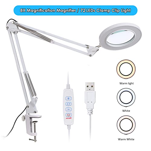 8X Lámpara de Lupas, LED Lámparas de Escritorio Lupa con Abrazadera Ajustable, Tres modos de color,10 Levels adjustable brightness,Brazo giratorio plegable,Luz de lectura para protección ocular