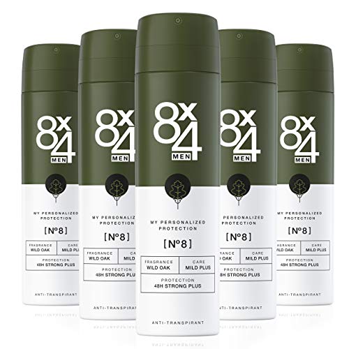 8X4 Desodorante para hombre en spray N°8 Wild Oak (5 x 150 ml), desodorante para hombre con aroma a madera de tierra, protección antitranspirante fiable durante 48 horas para pieles sensibles