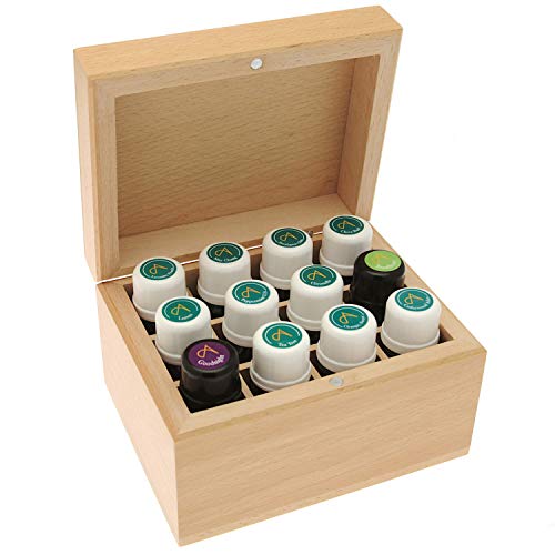 Absolute Aromas Aceites Esenciales de Madera 12 Agujeros Caja de Almacenamiento - Incluye un Paquete de 12 Aceites Esenciales de 10 ml y Mezclas de Aromaterapia