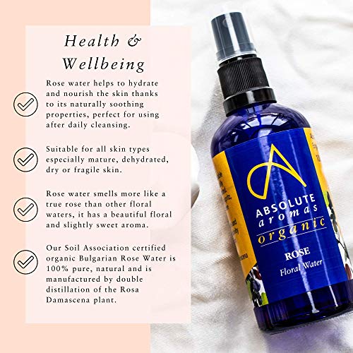 Absolute Aromas Agua de Rosa Búlgara Orgánica Certificada 100ml - Spray Tonificante Facial Puro, Natural, Nutritivo e Hidratante - Apto para todo tipo de piel (100ml)