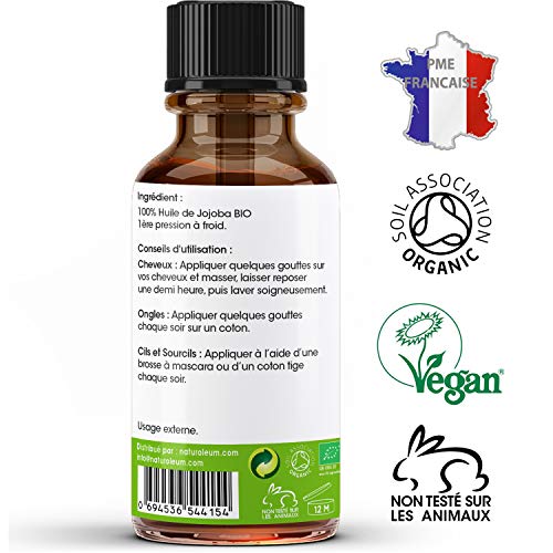 ACEITE DE JOJOBA ORGÁNICO, Puro y Natural, Prensado en Frío, Extra Virgen : cuidado nutritivo de la piel, la cara, el cabello y la barba. Vegano 100 ml