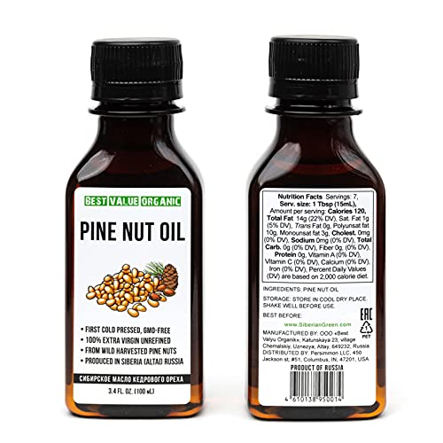 Aceite de nuez de pino siberiano 3.4 fl.oz / 100ml crudo extra virgen sin refinar, primer prensado en frío de piñones recolectados en el medio silvestre