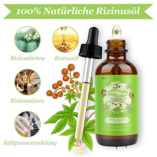 Aceite de Ricino 100% Puro Bio, 118ml Castor Oil Prensado en Frío Natural- Estimula el Crecimiento del Cabello, Pestañas y Cejas, Cuidado del Barba, Uñas y Cara, Botella de Vidrio+Pipeta+Kit de Rímel