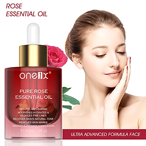 Aceite de Rosa Esencial , Aceite Rosa Facial Cuerpo Cabello, Serum Facial de Rosa con Vitamina Colágeno Ácido Hialurónico Aloe Barbadensis Jojoba, Crema Hidratante Facial Mujer - Piel Suave Pelo 30ML