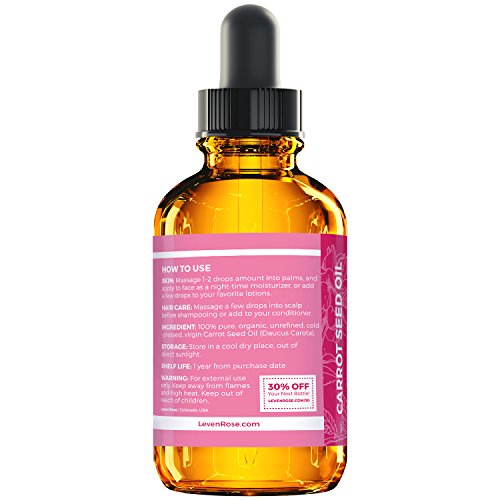 Aceite de semilla de zanahoria de Leven Rose - 100% orgánico natural frío presionado y sin refinar - 1 oz para el tratamiento de la piel, pelo, cuerpo y labios (1 oz) por Leven Rose