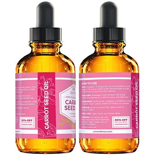 Aceite de semilla de zanahoria de Leven Rose - 100% orgánico natural frío presionado y sin refinar - 1 oz para el tratamiento de la piel, pelo, cuerpo y labios (1 oz) por Leven Rose