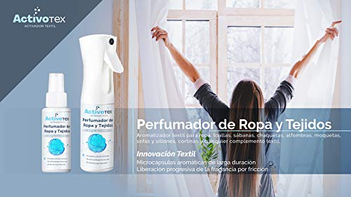 ActivoTex Eliminador de olores Ropa, colchones Sofas | Ambientador para el hogar y Tejidos | Spray perfumador Quita olores (Aroma Limpio, 185 ml)