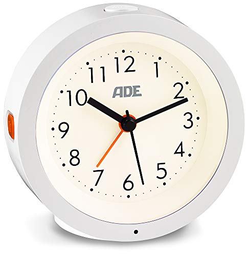 ADE CK 1719 - Despertador analógico silencioso sin Tic TAC, con Sensor automático de luz Nocturna y función de repetición de Alarma, 10,5 cm de diámetro, con Pila, Color Blanco