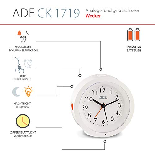 ADE CK 1719 - Despertador analógico silencioso sin Tic TAC, con Sensor automático de luz Nocturna y función de repetición de Alarma, 10,5 cm de diámetro, con Pila, Color Blanco