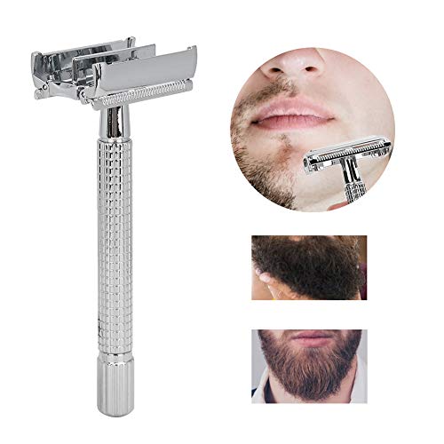 Afeitadora de cobre, afeitadora manual antigua con mango antideslizante y diseño de hoja cerrada, herramienta para afeitar barba con base(01)
