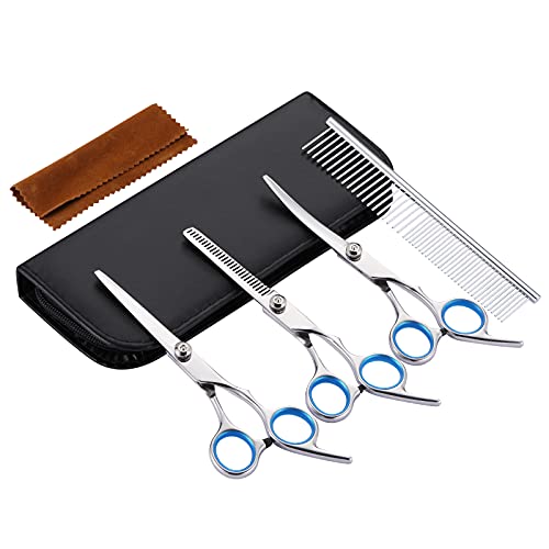 AIXMEET Tijeras para perros (4 piezas Kit) Tijeras de Perro Peluquería Profesional Entresacar Grooming de Tijeras Curvas para Cortar el Pelo a Mascotas Acero Inoxidable para Mascotas Perros Gatos