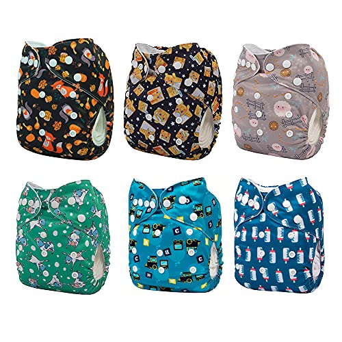 ALVABABY Pack 6pcs Pañales de tela ajustables y lavables de bolsillo + 12 insertos 6DM17-ES