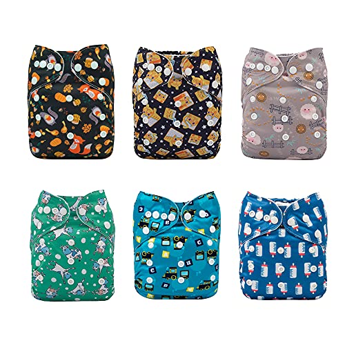 ALVABABY Pack 6pcs Pañales de tela ajustables y lavables de bolsillo + 12 insertos 6DM17-ES