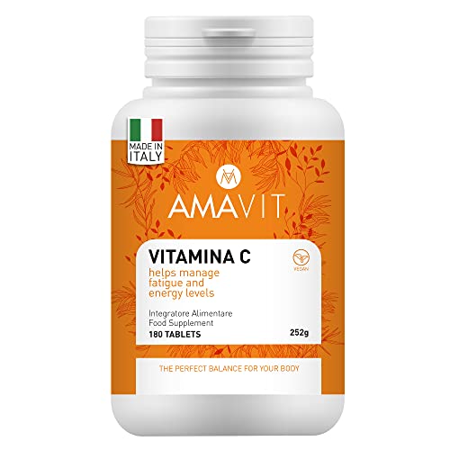 AMAVIT Vitamina C 1000mg 180 Tabletas Alta Dosis [Suministro durante 6 meses] MADE IN ITALY Suplemento Vitamina C Pura para las Defensas Inmunitarias Sin Gluten y Lactosa