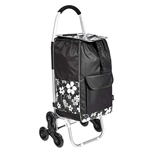 Amazon Basics - Carrito de la compra con 6 ruedas y asas de aluminio, 50 litros, flores negras