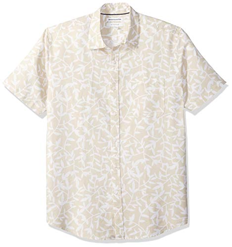 Amazon Essentials - Camisa a cuadros de lino con manga corta para hombre., Natural Leaf Print, US M (EU M)