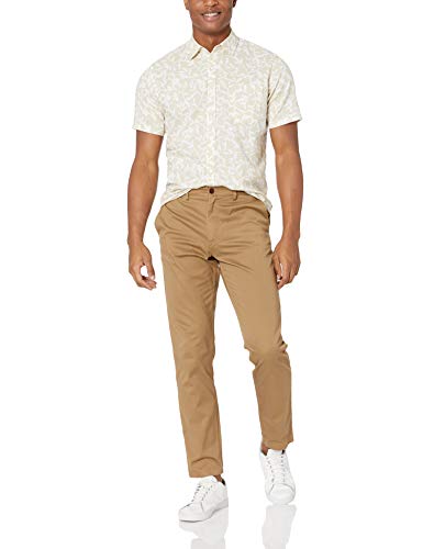 Amazon Essentials - Camisa a cuadros de lino con manga corta para hombre., Natural Leaf Print, US M (EU M)