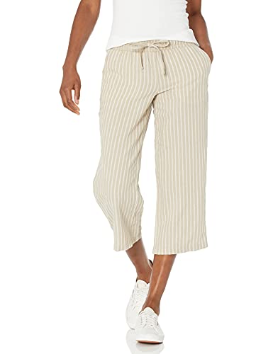 Amazon Essentials Linen Blend Drawstring Crop Pant Pantalones, Crudo/Blanco, Rayas, L