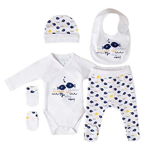 Amomí Caja Regalo Set Primera Puesta Recién Nacido 5 Piezas Conjunto de Ropa para Recien Nacido Set Unisex Algodón 100% Talla Unica (Delfin Marino, 1 Meses)