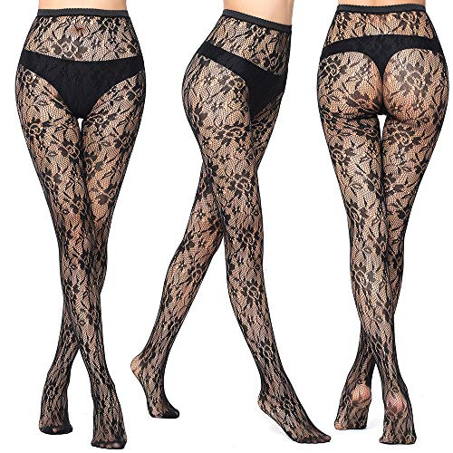 ANDIBEIQI 4 Pack Mujer Pantimedias Semi Medias Negras Dibujos Florales Rayas Corazones Costura Pantimedias Semi Opacas Rejillas negro