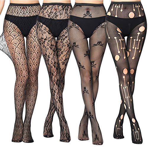 ANDIBEIQI 4 Pack Mujer Pantimedias Semi Medias Negras Dibujos Florales Rayas Corazones Costura Pantimedias Semi Opacas Rejillas negro