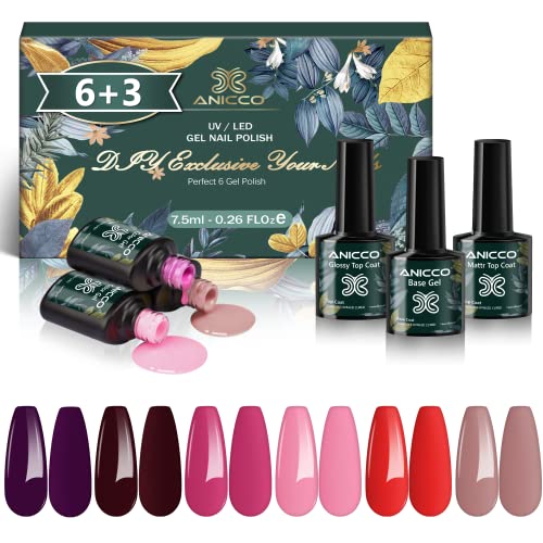 Anicco Esmalte Semipermanente UV LED, 9pcs Kit de Pintauñas Gel Semipermanentes 6 Colores de Otoño Invierno Larga Duración con Base, Glossy y Matte Top Coat, Esmaltes de Uñas