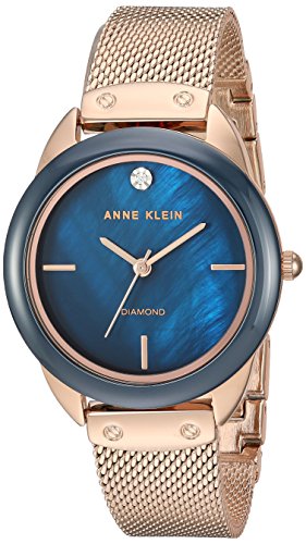 Anne Klein Women's AK/3258NVRG Diamond-Accented Mesh Bracelet Watch with Ceramic Bezel