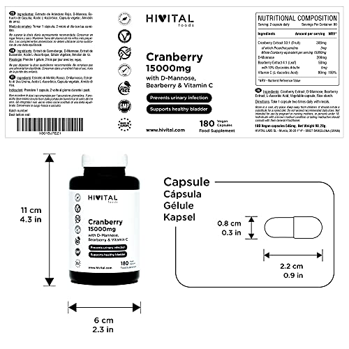 Arándano Rojo Americano 15000 mg. 180 cápsulas veganas para 3 meses. Con D-Manosa, Gayuba y Vitamina C. Cranberry 100% Natural para prevenir las patologías urinarias y la Cistitis