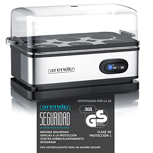 Arendo - Cuecehuevos Sixcook de Acero Inoxidable con función de Mantenimiento de Calor - Egg Cooker - Capacidad 1-6 Huevos - Interruptor de función con piloto - 400 W - Negro Plata