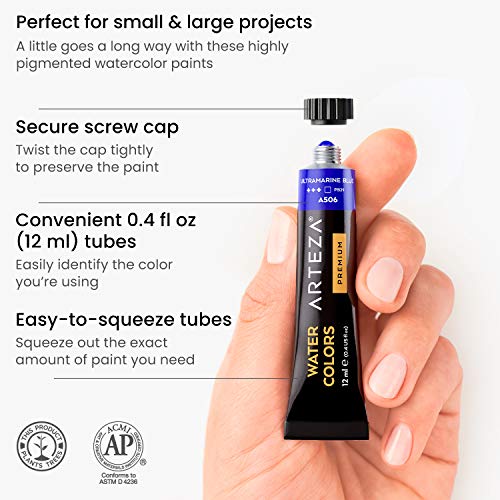 Arteza Tubos de acuarela líquida de calidad | 12 colores de acuarela | Tubos de 11,8 ml | Kit de iniciación para pintar acuarelas