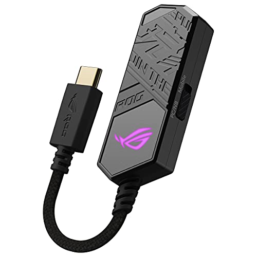 ASUS ROG Clavis - DAC Gaming USB-C a 3,5 mm (cancelación de Ruido con IA, tecnología de renderizado MQA, Quad DAC ESS 9281, Amplificador de Audio y Aura Sync, Compatible con PC, móviles y portátiles)