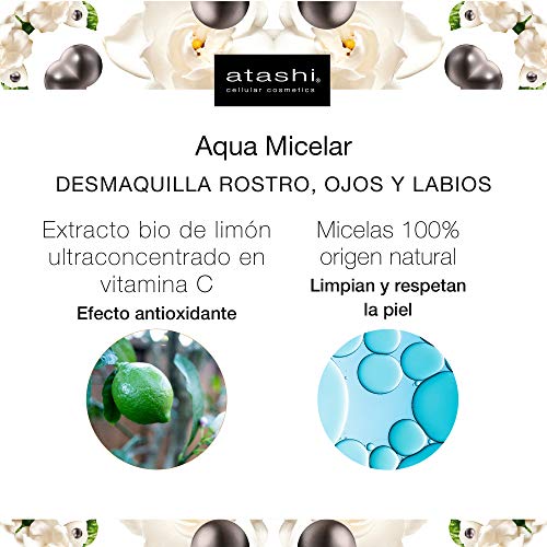 atashi Antiedad - Agua Micelar | Purifica, Refresca y Tonifica | Piel Sensible | Desmaquilla Rostro, Ojos y Labios | Micelas de Origen 100% Natural | Extractos BIO de Limón con Vitamina C - 250ml (x2)