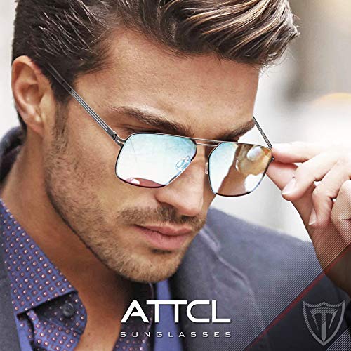 ATTCL Gafas de sol polarizadas para hombre, marco rectangular de acero inoxidable ligero con protección UV400 9771 Black+Silver