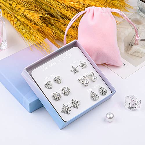 Aucuu Pendientes de Plata de ley 925 Para Mujeres y Niñas, 6 Pares de Pendientes de Perlas de Cristal Artificial, Pendientes Circonita Cúbica Pequeños de Cartílago, Regalo de San Valentin