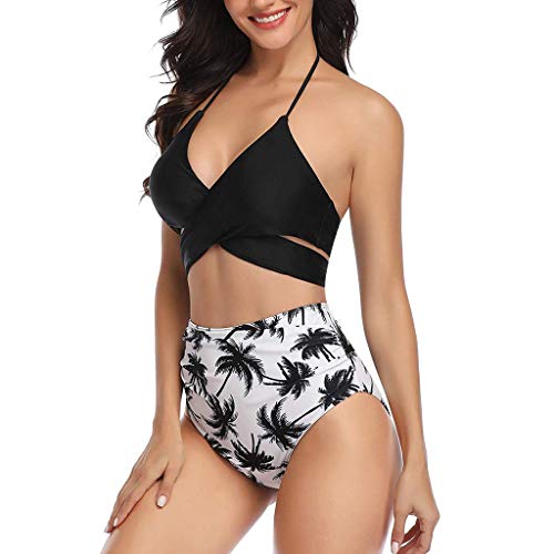 Auifor Mujeres Traje de baño Halter del Vendaje Wrap Bikini de Push-up con Pliegues de Cintura Alta del Traje de baño（Hoja Negra/Small）