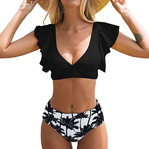 Auifor Traje de baño Vintage para Mujer Conjunto de Bikini de Dos Piezas con Estampado de Cintura Alta con Pliegues Halter Retro（Negro/Large）