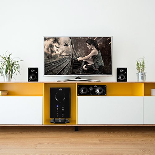 auna Areal 525 - Home Cinema 5.1 inalambrico, Sistema de Sonido Envolvente 5.1, 125 W RMS, Subwoofer Activo Mono 5,25", Bass Reflex, 5 Altavoces satélite, AUX, Apagado automático, Marrón