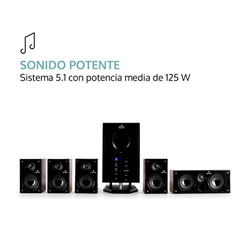 auna Areal 525 - Home Cinema 5.1 inalambrico, Sistema de Sonido Envolvente 5.1, 125 W RMS, Subwoofer Activo Mono 5,25", Bass Reflex, 5 Altavoces satélite, AUX, Apagado automático, Marrón