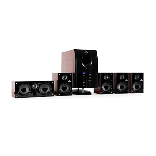 auna Areal 525 - Home Cinema 5.1 inalambrico, Sistema de Sonido Envolvente 5.1, 125 W RMS, Subwoofer Activo Mono 5,25", Bass Reflex, 5 Altavoces satélite, AUX, Apagado automático, Marrón